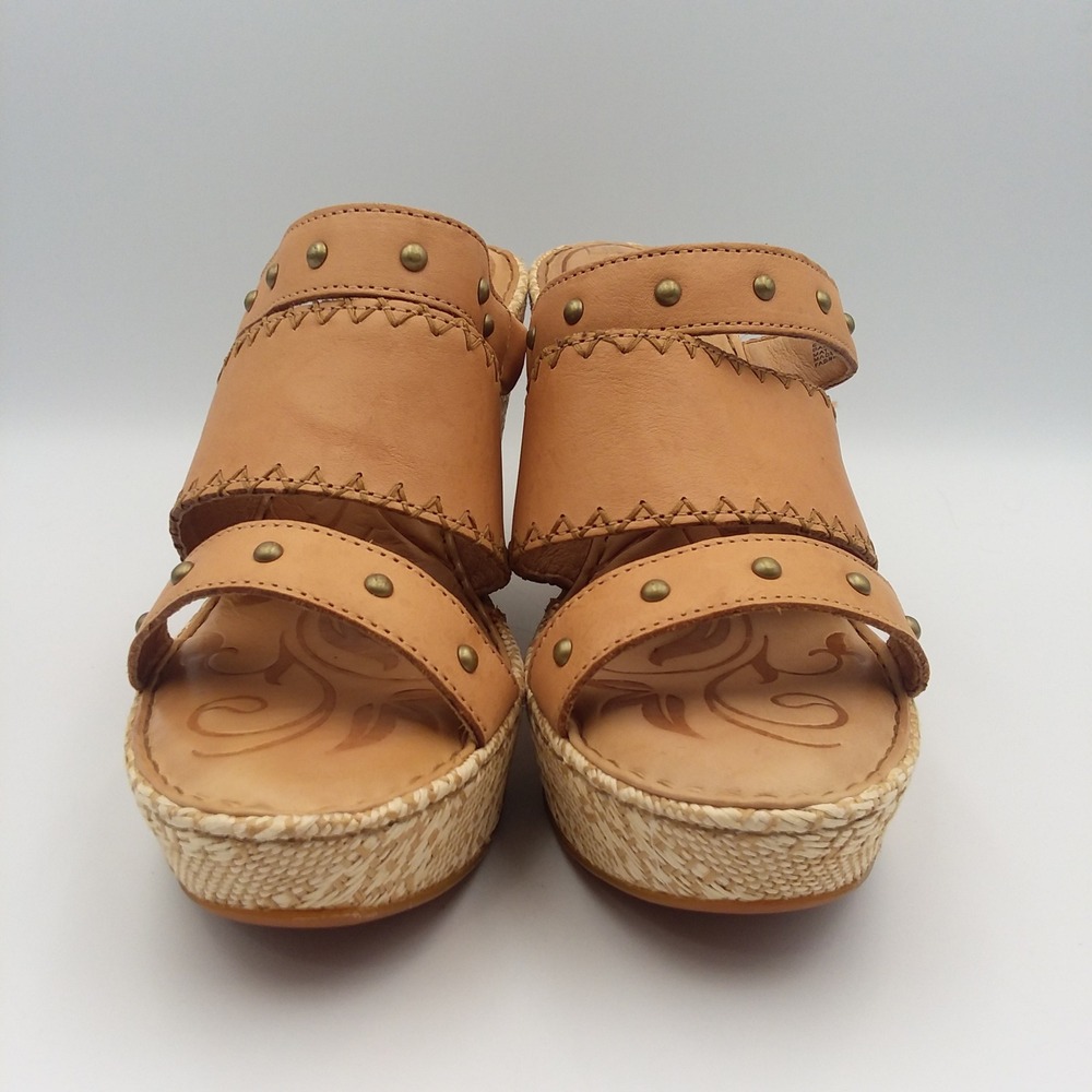 Born Borini Tan Leather Raffia Wedge Sandals Studded Straps Women's 9M Boho - Picture 9 of 16